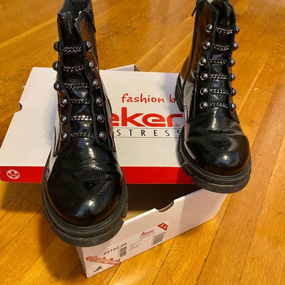 Rieker Women's Shiny Black Combat Boots - Picture 8 of 11